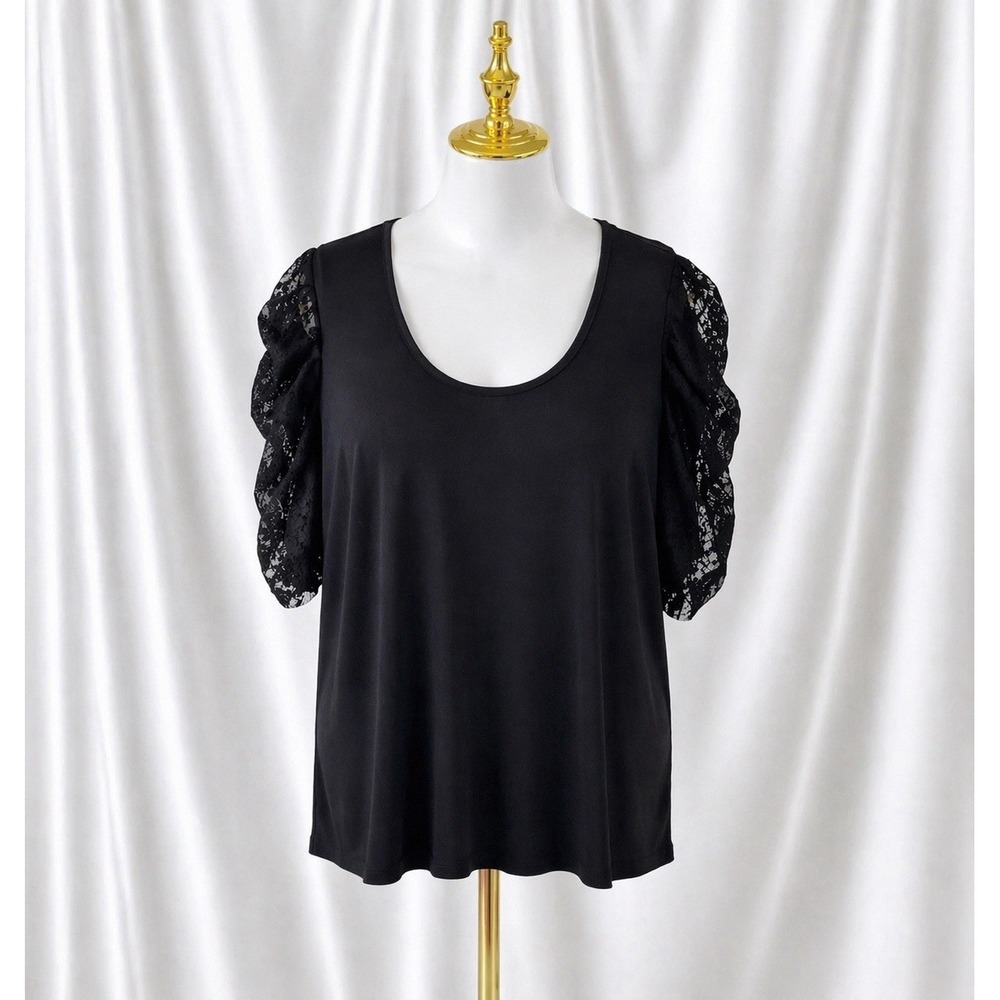 Susan Graver Liquid Knit Tunic Top Short Lace Puff Sleeves Black Size 1X